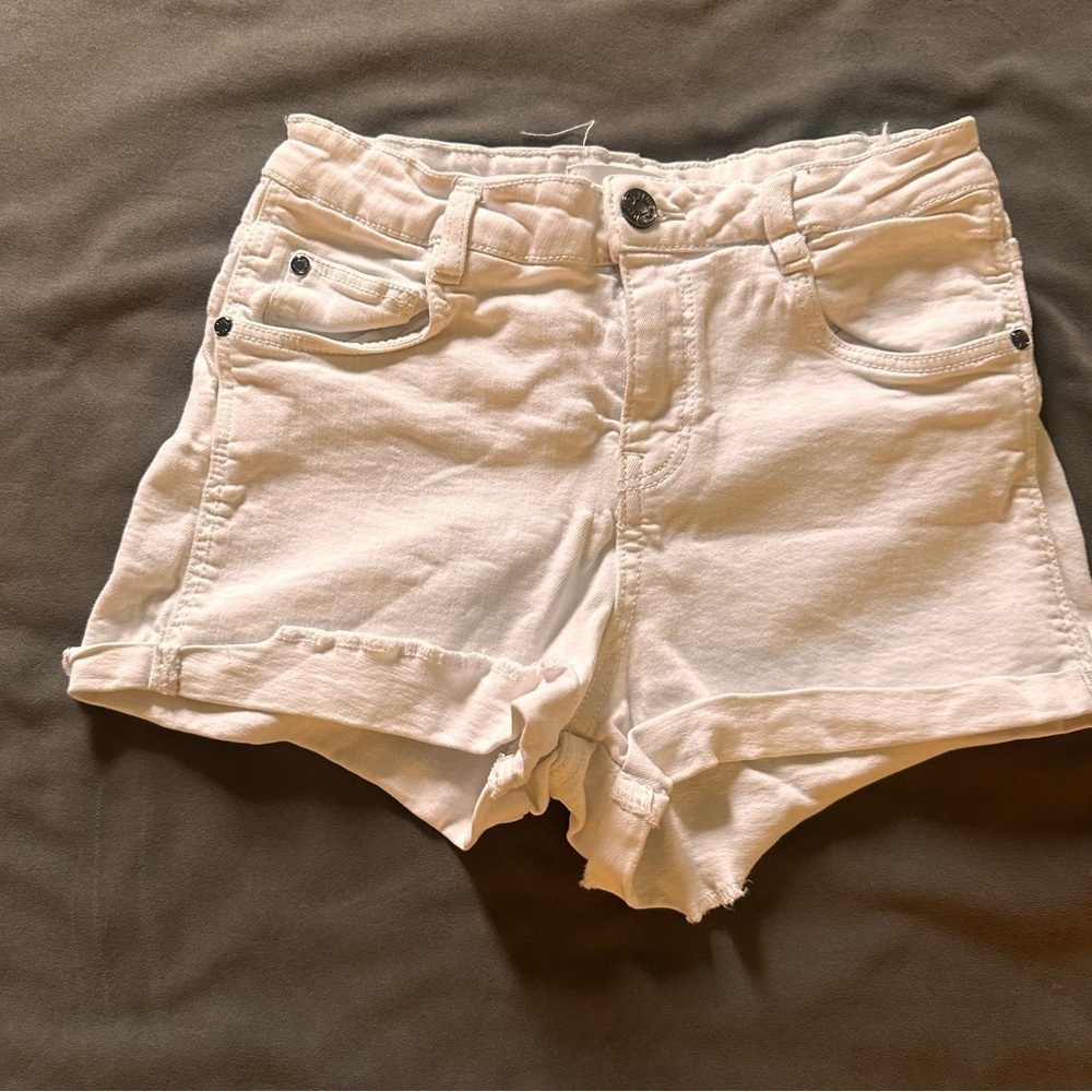 MNG Mango White Denim Shorts Frayed Hem High Rise Cotton Casual Summer Size 2